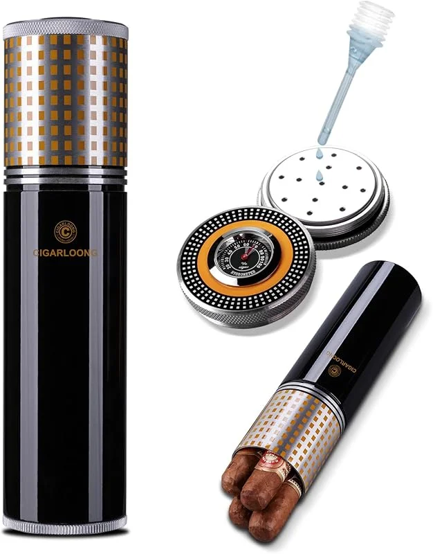 Humidor de charutos de viagem portátil de aço inoxidável, com tampa hermética, à prova de odor, higrômetro e humidificador para 3 a 4 charutos (preto) — Cozinha e lar