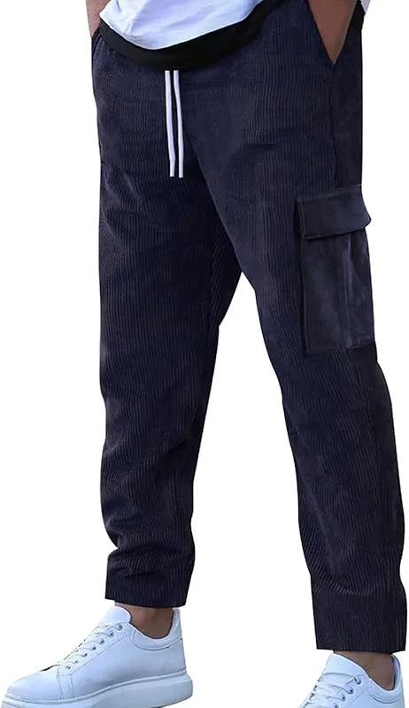 Generico Calções desportivos cargo para homem de veludo com nervuras com cintura elástica para estilo de rua casual — Roupa aquecida