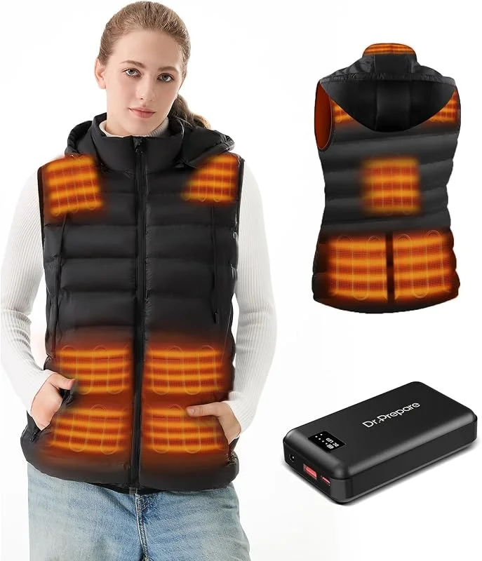 DR.PREPARE Colete térmico feminino com bateria incluída, coletes de aquecimento leves com capuz, casaco de aquecimento elétrico para exteriores — Roupa aquecida