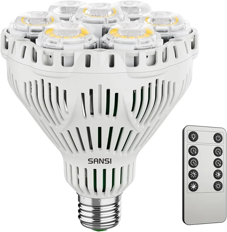 SANSI Candeeiro de Plantas Regulável, Lâmpada de Crescimento LED 40W E27, Luz de Plantas de Espectro Completo 4000K com Controlo Remoto, Temporizador 4, 8, 12H, Brilho de 4 Níveis para Cultivo Interior — Aquecimento