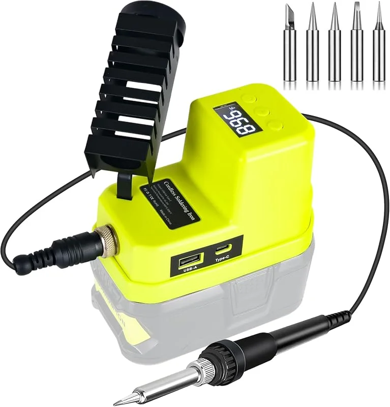 Soldador sem fios para bateria Ryobi de 18 V, aquecimento rápido, estação de soldagem LCD digital elétrica com portas de carregamento USB e tipo C, conjunto de soldador portátil ajustável para