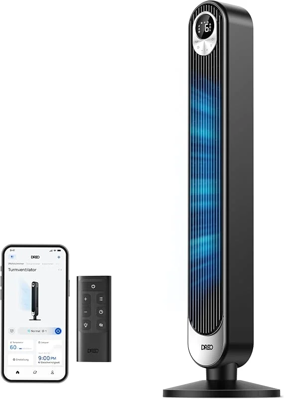 Dreo Ventoinha de torre com Wi-Fi Alexa, ventilador silencioso de pé para dormir com controlo remoto, velocidade de 8, 53 m, s, oscilante de 90 ° com 9 velocidades, 4 modos, temporizador de 12 horas — Aquecimento