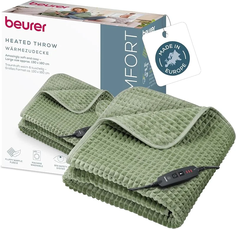 Beurer Manta eléctrica Waffle Sage Green, Ligera, Fabricada en Europa — Aquecimento
