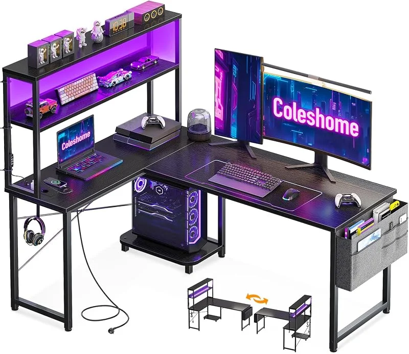 Coleshome Escritorio Gaming en L con LED y Enchufes, 135×100cm, Negro — Aquecimento