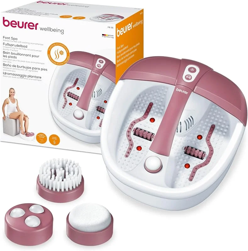 Beurer FB 35 banho de pés com massagem vibratória e bolhas, 3 acessórios de pedicure, com manutenção da temperatura da água, luz infravermelha e possibilidade de aromaterapia, até ao tamanho 44 — Aquecimento