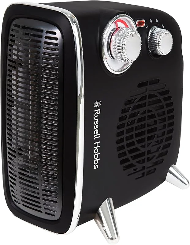 Russell Hobbs RHRETHFH1001B Aquecedor elétrico de 1800 W, 1, 8 kW, ventilador retro horizontal, vertical, com termóstato ajustável, 2 configurações de temperatura, 20 m2, controlo do mostrador, preto — Aquecimento