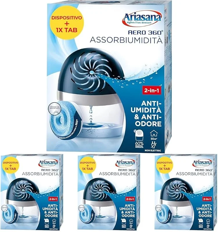 Ariasana Aero 360° Kit de absorção de humidade (1 dispositivo incl. 6 peças Tab 450 g), desumidificador não elétrico e reciclável, absorventes de humidade contra condensação e bolor (embalagem de 4) — Humidificador
