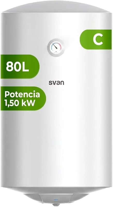 Svan Termo elétrico 80 litros, ST8002. 1500 W, kit de montagem incluído, resistência em aço esmaltado, termostato manual, temperatura máxima de 75 ºC, branco, eficiência energética classe C — Aquecimento