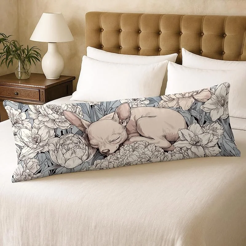 Fundas de almohada de cuerpo floral, chihuahua durmiendo, ilustración de animales, funda de almohada lumbar de terciopelo suave con cremallera, funda de almohada de cuerpo largo decorativa para cama — Aquecimento